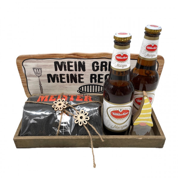 Holztablett "Mein Grill meine Regeln" mit Serviette und Wichtel (Dekovorschlag-nicht bestellbar)