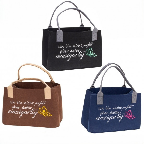Filz-Tasche mit Stick "Ich bin nicht perfekt, aber dafür einzigartig" 3f sort.