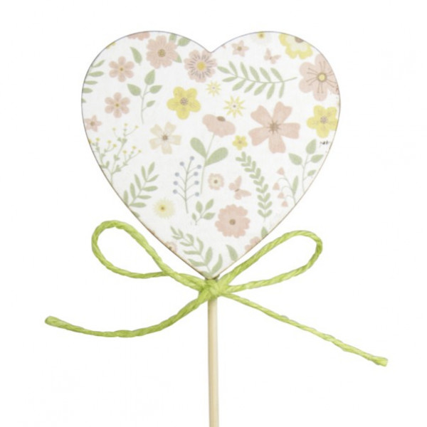 Holz-Herz mit Blütenprint und Schleife am Pick