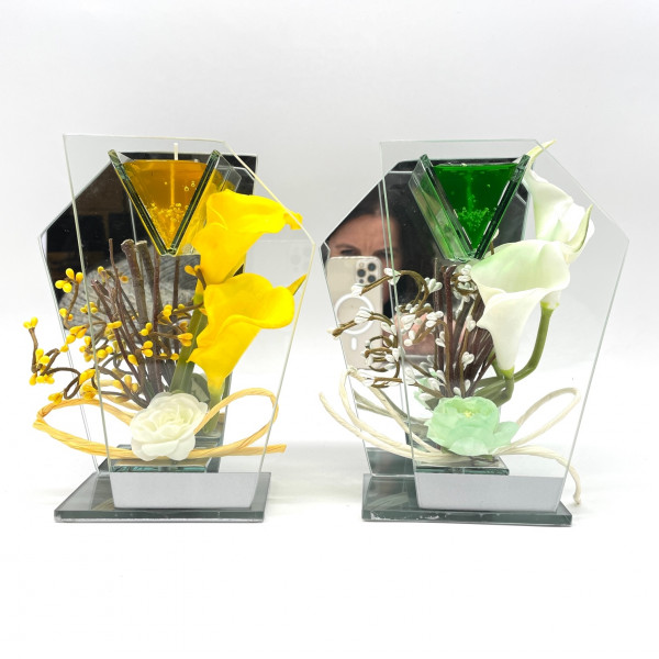 Glas-Dekoration &quot;Blüten&quot; mit Jelly-Kerze und LED 4f. Sort.