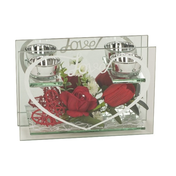 Glasherz mit roter Rose und Tulpe &amp; 2 Teelichthalter