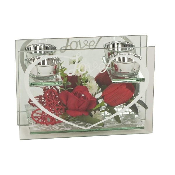 Glasherz mit roter Rose und Tulpe & 2 Teelichthalter