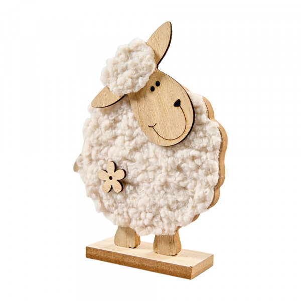 Holz-Schaf mit Wolle am Stand