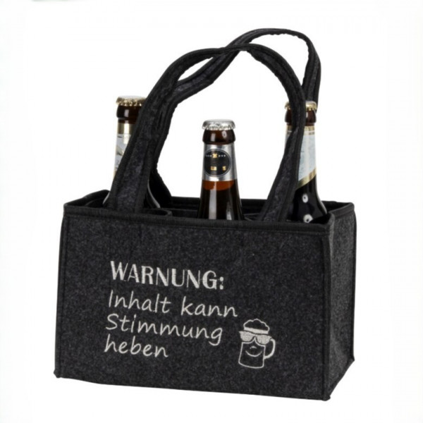 Filz-Tasche für 6 Flaschen "Warnung: Inhalt kann Stimmung heben"