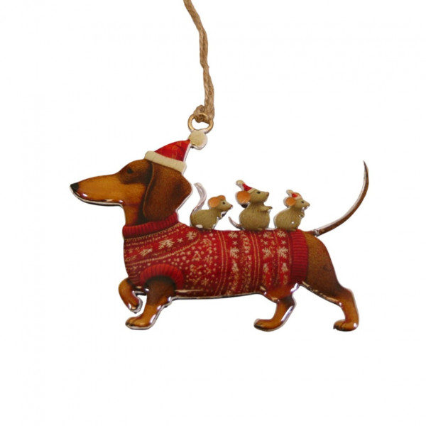 Metall-Dackel mit Mäusen zum Hängen