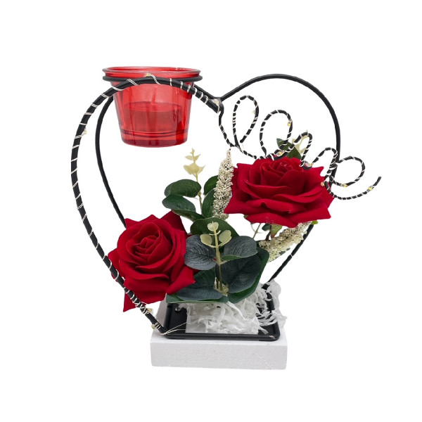 Metalldeko mit roten Rosen und LED-Licht und Teelichthalter