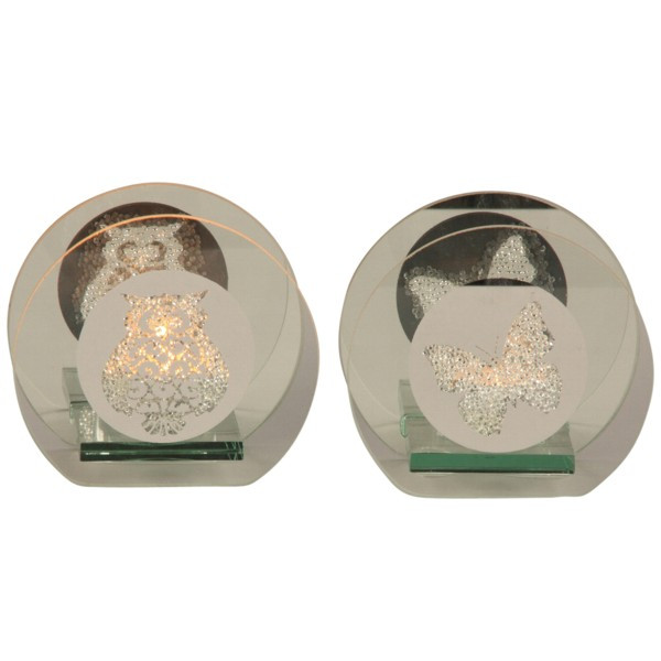 Spiegel-Glas Teelichthalter "Eule & Schmetterling" 2f.