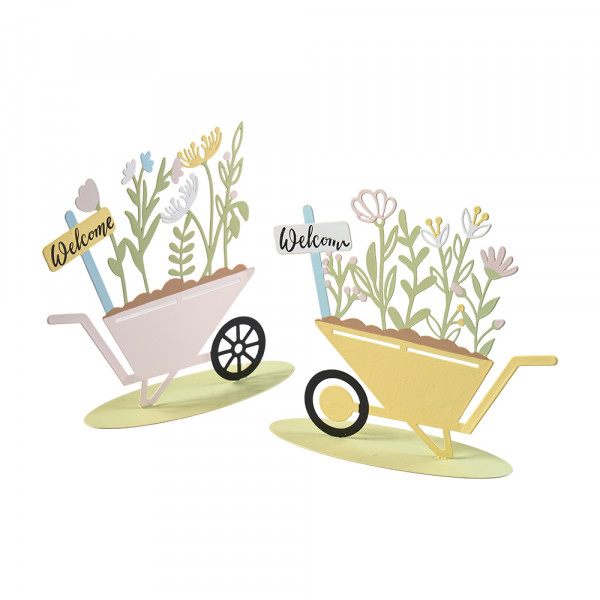 Vorbestellung: (245) Metall-Schubkarre mit Blumen auf Ständer 2fach sort.