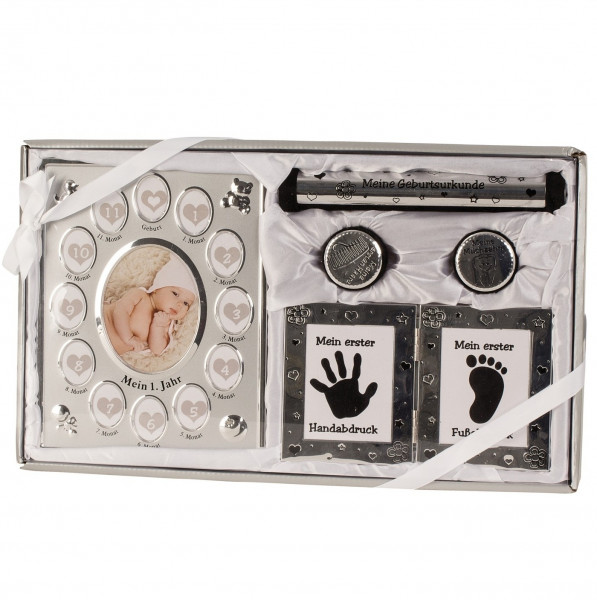 Babyset mit Bilderrahmen, 2 Dosen, Röhre & Stempelkissen