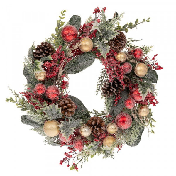 Weihnachtskranz gefrostet mit Kugeln und Beeren