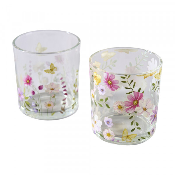 Teelichtglas mit Blütenmuster 2f sort