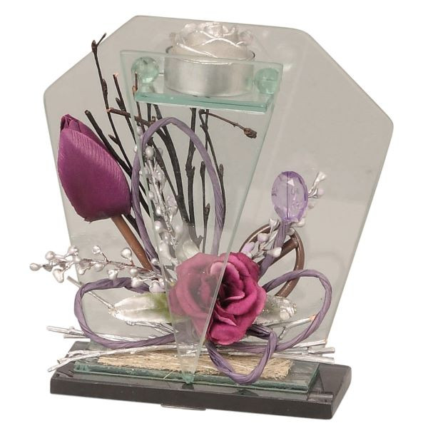 Glasdeko sechseck mit Blumen violett mit Teelicht