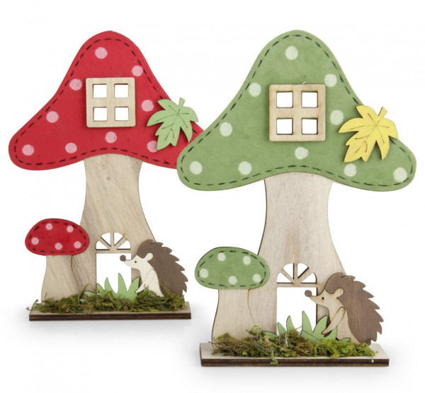 Holz-&quot;Harvest&quot; Pilzhaus mit Igel groß zum Stellen 2fach