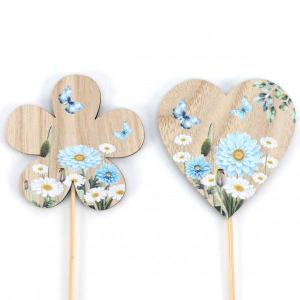 Holz-Herz "Blaue Dalie" Stecker 2f sort.
