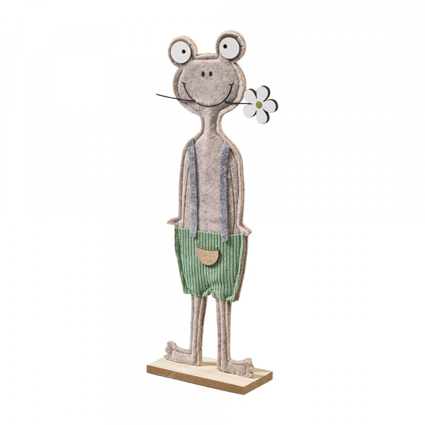 Filz-Frosch am Stand mit Blume im Mund