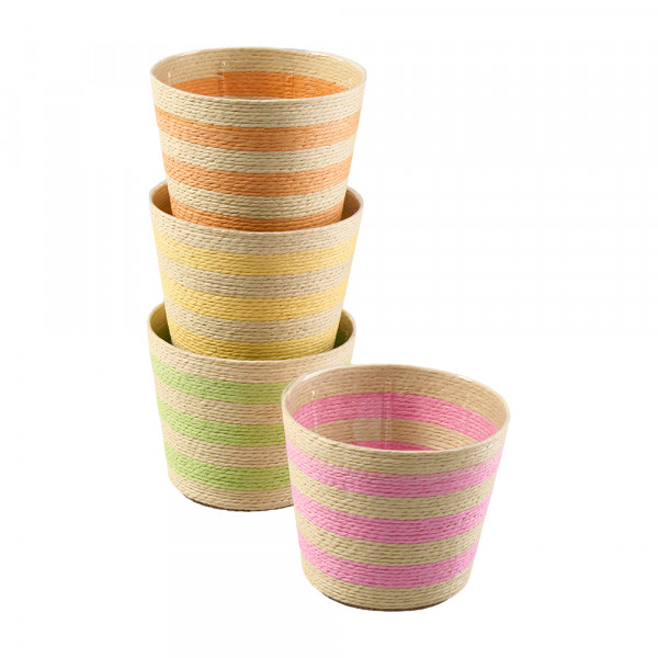 Vorbestellung: (106) Plastik-Topf "Sunny" mit Jute umw. 4f sort