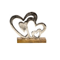 Metall-4 Herzen Skulptur mit Holzsockel Metall-4 Herzen Skulptur mit Holzsockel