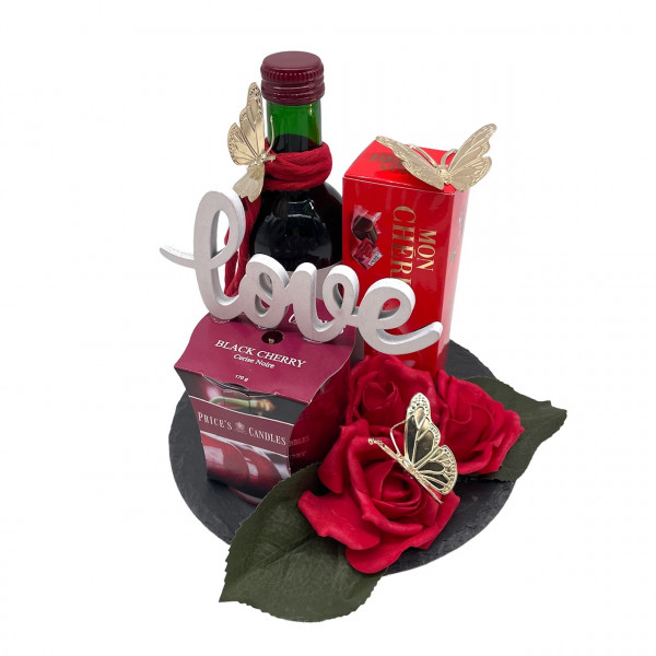 Schieferplatte "Love" mit Duftkerze und Rosen (Dekovorschlag-nicht bestellbar)