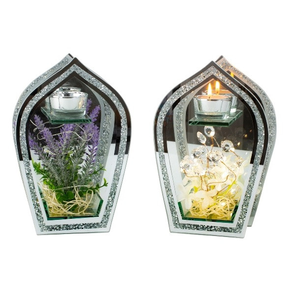 Glasdeko mit Blumen &amp; LED-Licht f. Teelicht