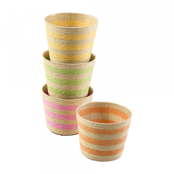 Vorbestellung: (102) Plastik-Topf "Sunny" mit Jute umw. 4f sort