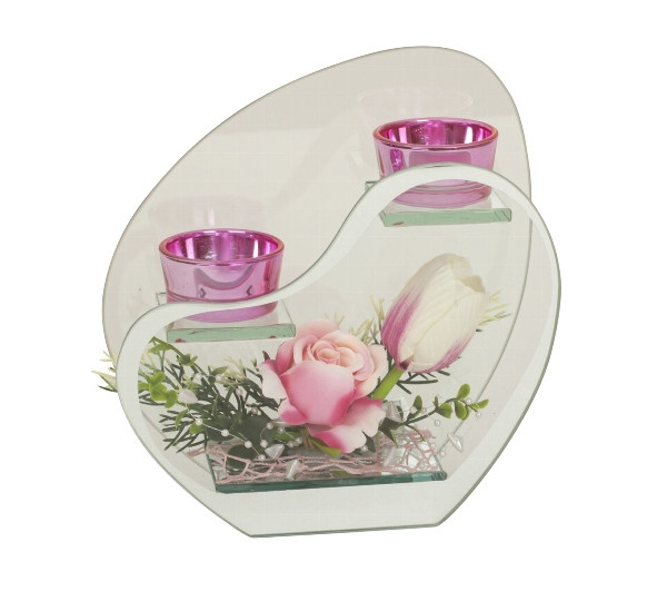 Glasdeko mit Blumen mit 2 Teelichthalter