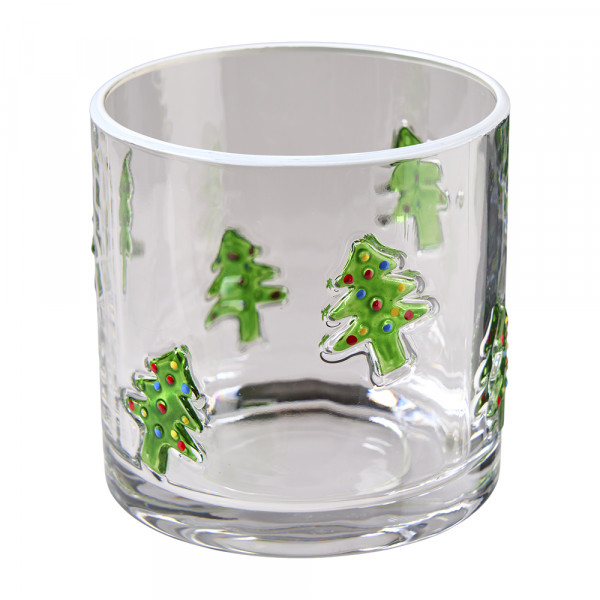 Vorbestellung: (624) Windlicht,Glas,rund,gerade Form,klar,mit Tannedekor