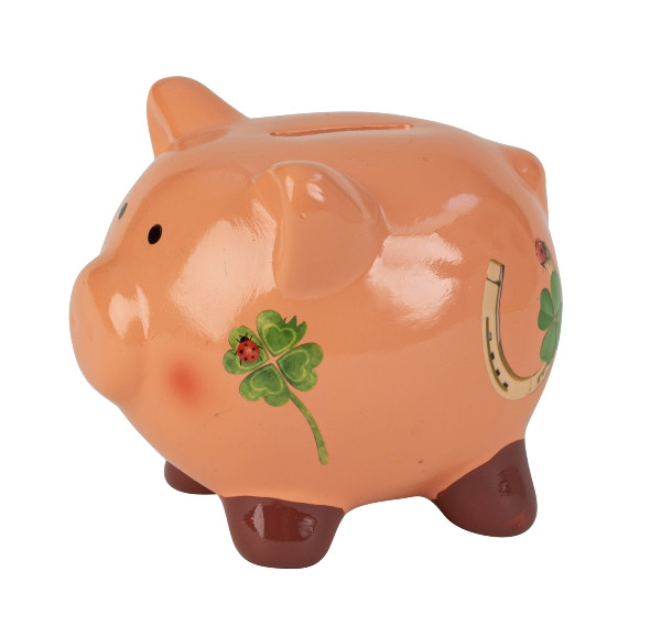Keramik-Sparschwein mit Glücksymbolen