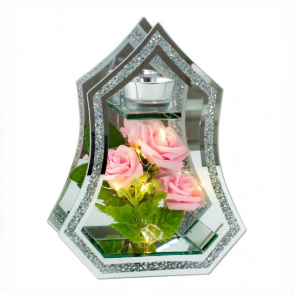 Spiegelglas-Deko mit Rosen und LED Beleuchtung verpackt.